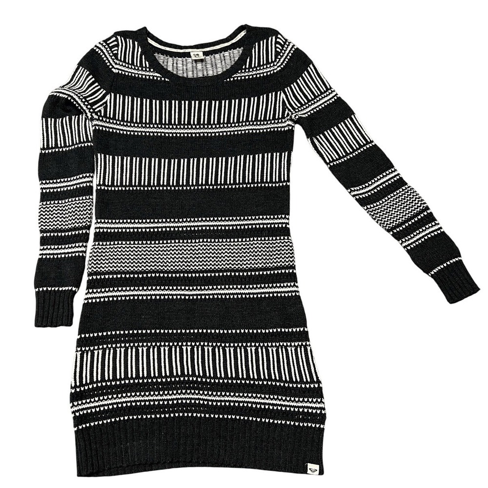 Roxy Women Sweater Dress Large Black White Striped Bodycon Knit Long Sleeve Mini